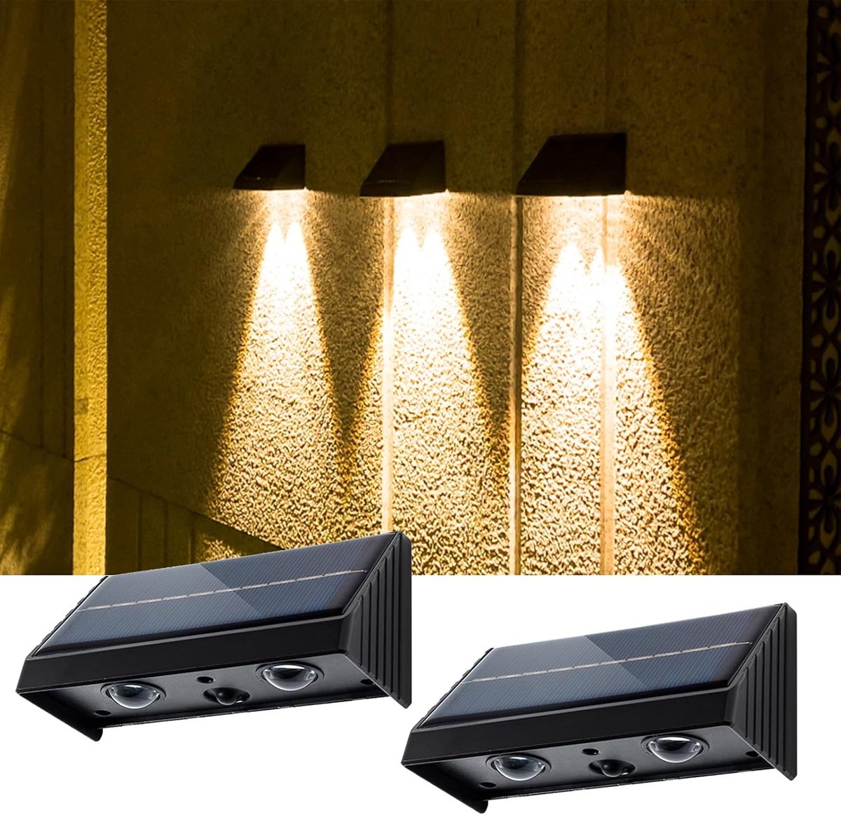 Solar-tuinverlichting – Decoratieve buitenlampen op zonne-energie – IP54-waterbestendig – Verlichting voor trap, muur, schutting, terras, opstapje, patio en tuinpad – Warmwit – Set van 2 [Energie-efficiëntieklasse A]