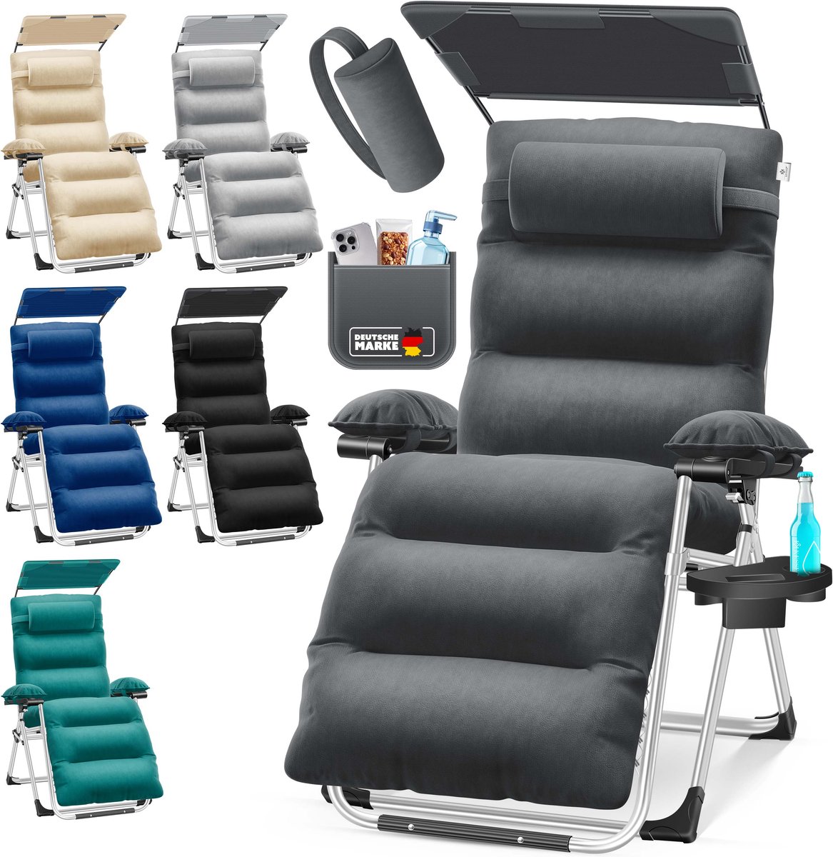 KESSER Luxe Ligstoel – Extra Breed & Comfortabel – Dikke Kussens, Armleuningen, Hoofdkussen, Bijzettafel & Opbergvakken – Ergonomisch & Antislip – Tuin of Balkon – Zwart