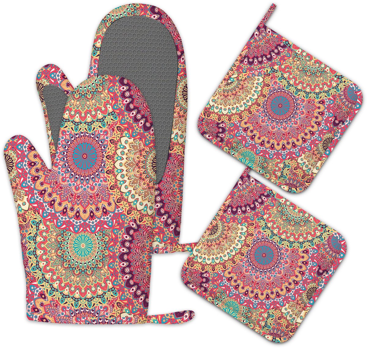SnelShoppen - Mandala-ovenhandschoenen, hittebestendig, vintage boho-ovenwanten en pannenlap, antislip siliconen, ideaal voor koken, bakken, grillen,