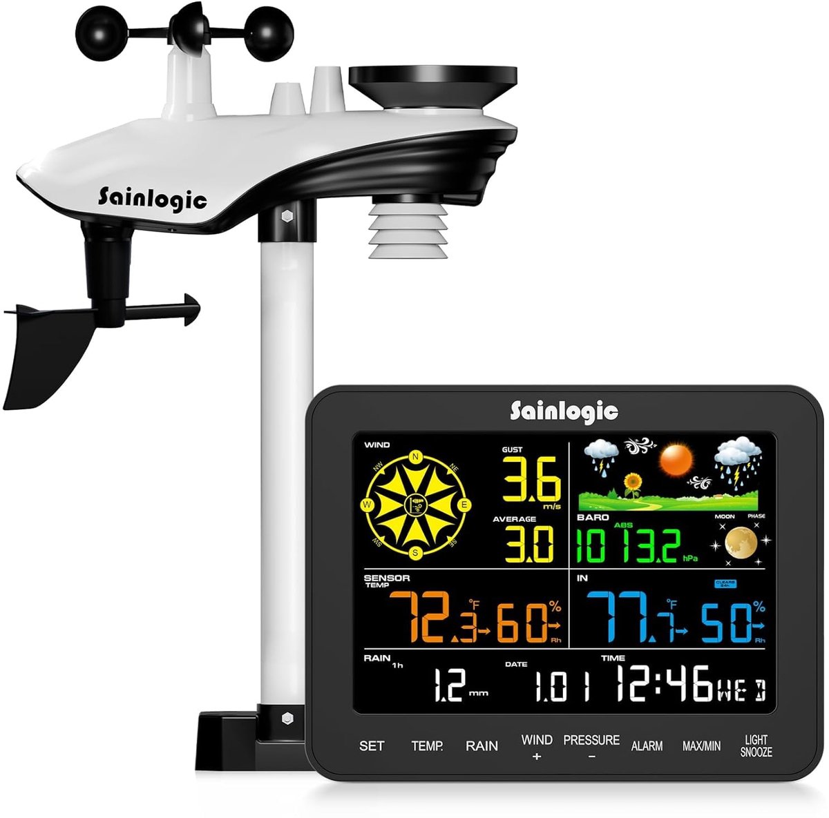 SnelShoppen - Draadloos Weerstation SA6 met Regenmeter, Windsnelheid, Weersvoorspelling, Wekker voor Tuin en Buiten, Perfect voor Camping en Thuisgebr