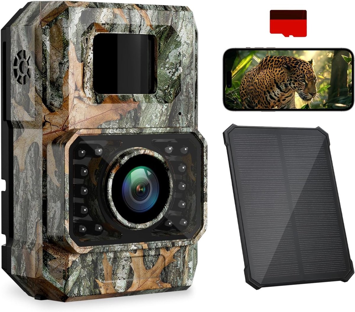 SnelShoppen - Solar Hunting Camera met WiFi, 60 MP, 30 fps, Oplaadbare Nachtcamera voor Dieren, 850 nm LED, Nachtzicht, Inclusief 32 GB Geheugenkaart