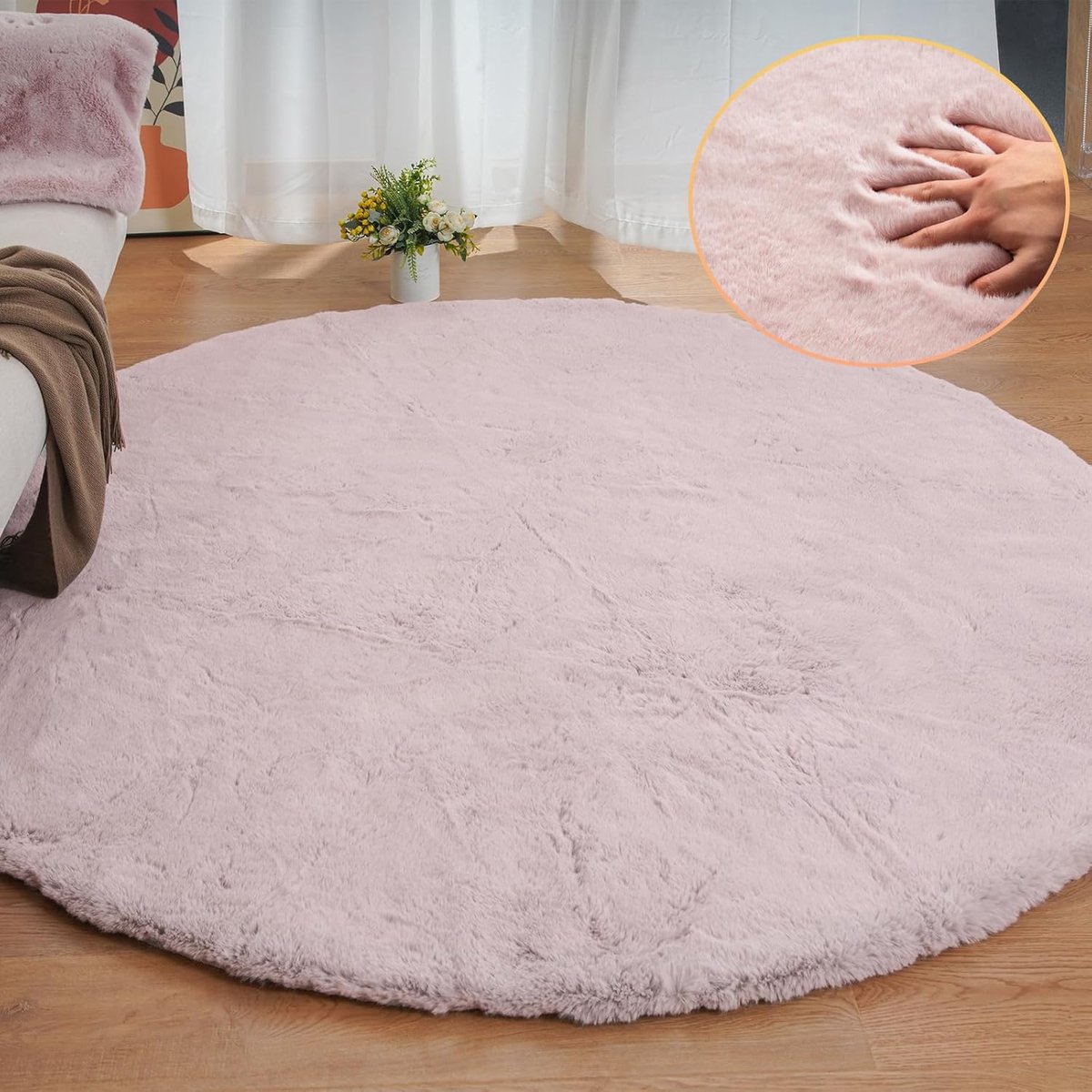 SnelShoppen - Groot Rond Roze Tapijt 240 cm - Zacht Pluizig Konijnenbont Vloerkleed voor Woonkamer, Kinderen, Speelkamers en Feestjes