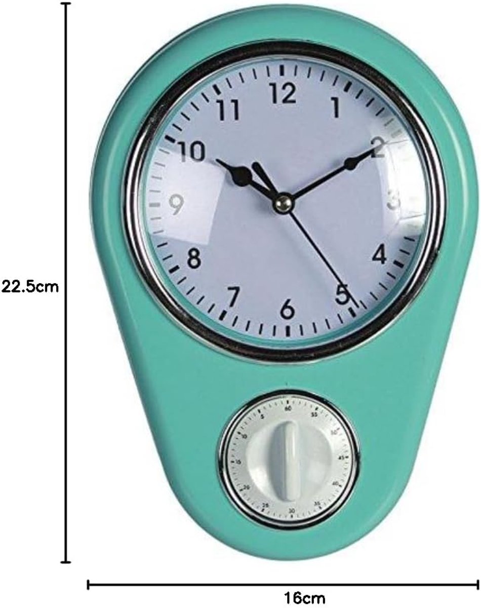 OOTB Wandklok "Kitchen" Retro jaren 50 design met korte wekker (turquoise) - ShopVlot