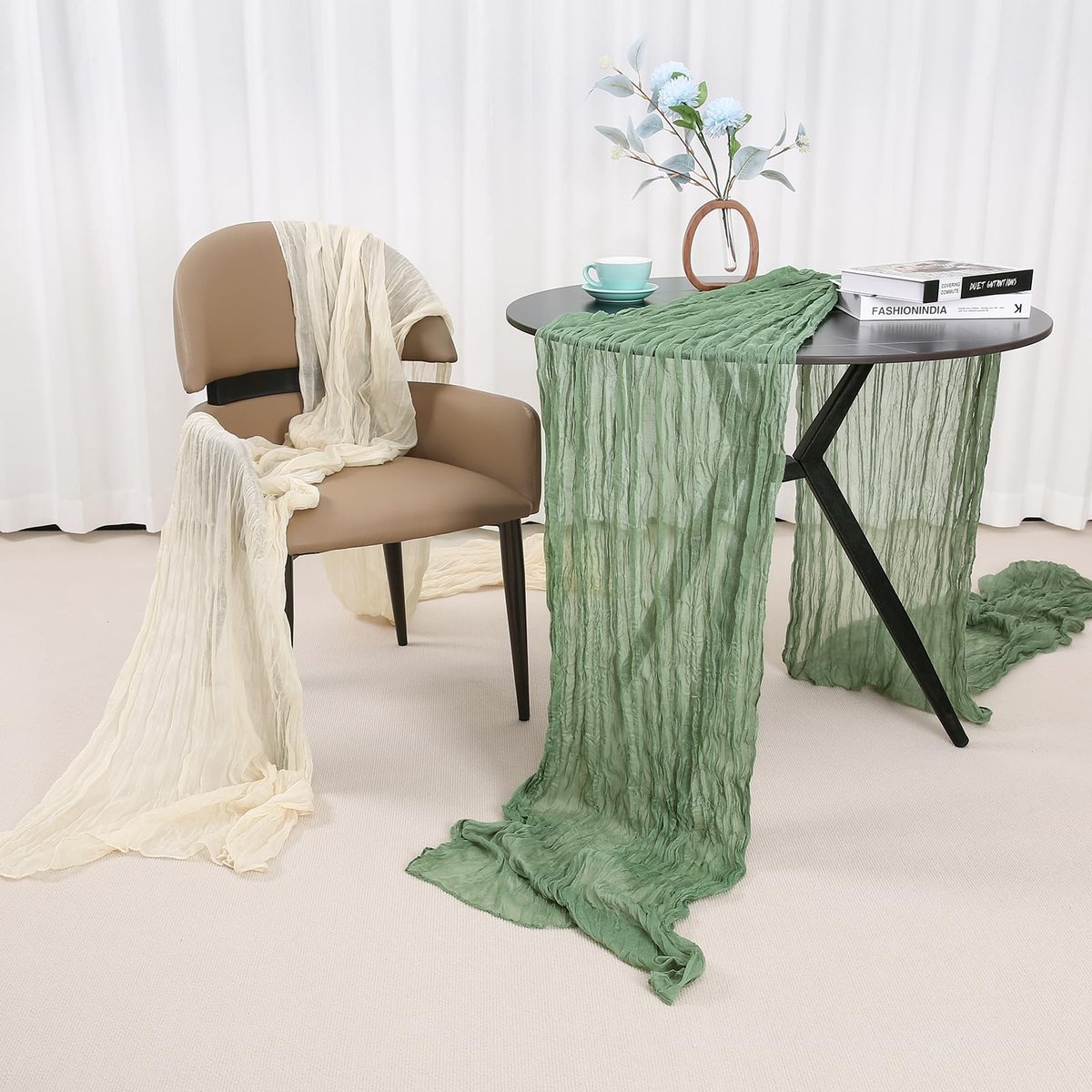 SnelShoppen - Wasbaar Tafelkleed voor Bruiloften en Eettafel Decoraties - Cheesecloth Tafelkleed van 100% Polyester, Saliegroen 90x300cm, 4 Stuks - Ch
