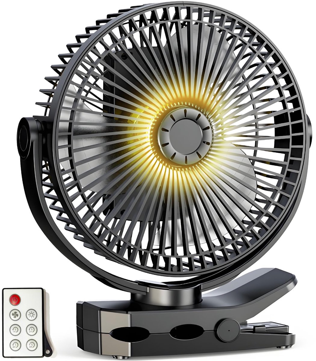 SnelShoppen - 8" Clipventilator met afstandsbediening - 12000 mAh oplaadbare USB-batterij - 3+1 snelheden, timer, ledlamp - Stil voor kantoor, camping