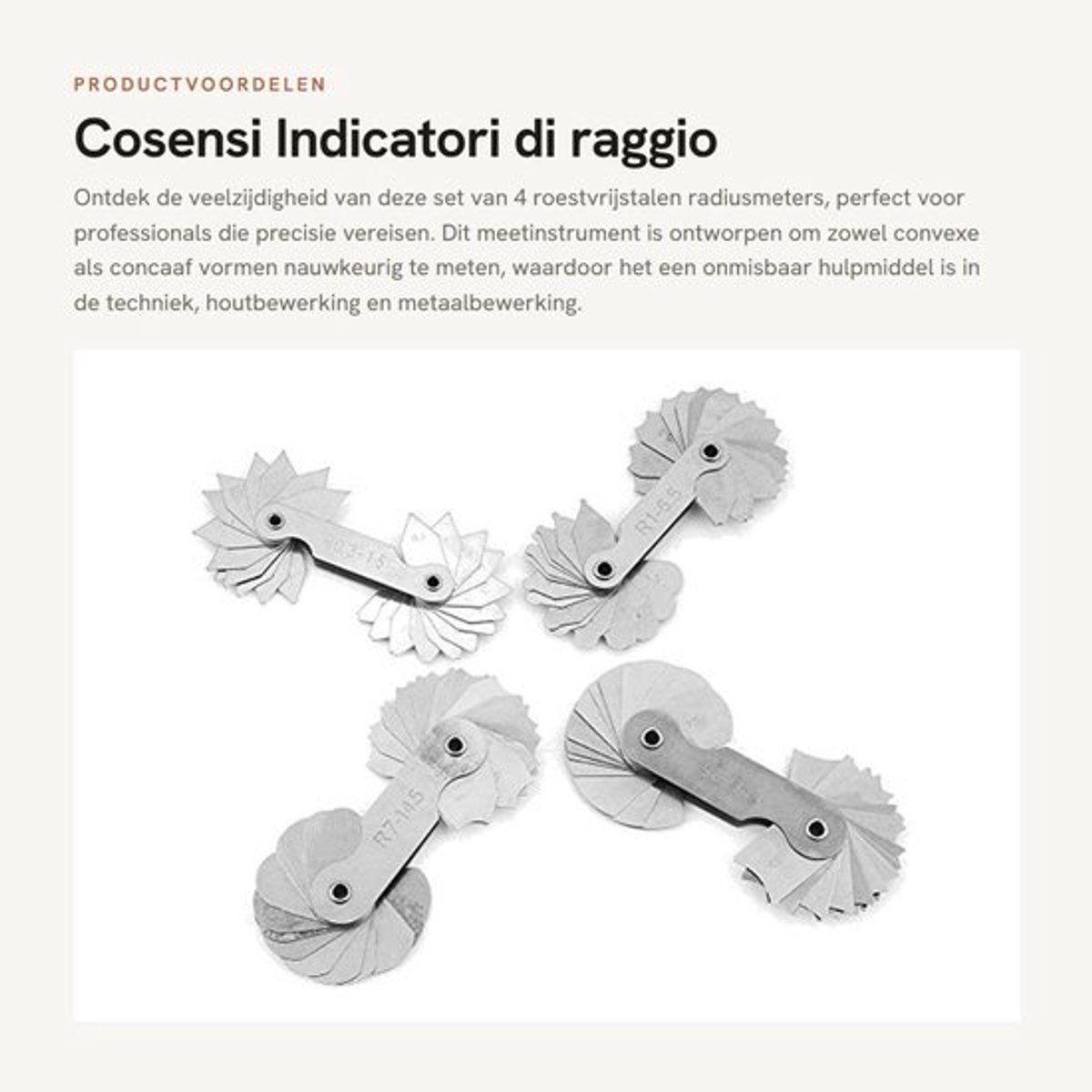 Indicatori di Raggio - 4 Stuks - Roestvrij Staal - Meetbereik R0,3-1,5/R1-6,5/R7-14,5/R15-25 - Duurzaam - Convex/Concave Bladen - Radiusmeter
