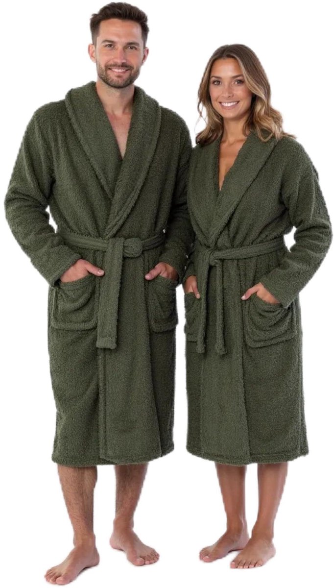 SnelShoppen - Badjas Uniseks Katoen, Oeko-Tex, 100% Amerikaanse Badstof, Zacht en Absorberend, Kaki-Groen, XXL voor Dames en Heren, Perfect voor Thuis