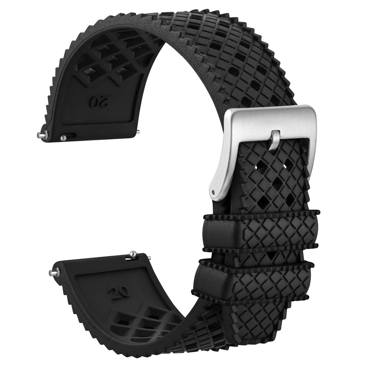 SnelShoppen - 22 mm Holle Horlogeband voor Heren - FKM-Rubber (Geen Siliconen) met Zilveren Gesp - Zwart - Duurzaam en Comfortabel voor Elke Gelegenhe
