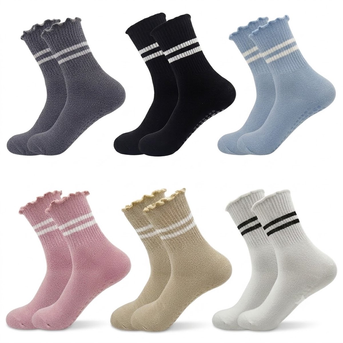 Gemengde kleuren antislip pilates sokken dames 6 paar zachte badstof sokken met geribde boord antislip zool sport sokken voor yoga pilates barre fitness en dagelijks gebruik maat 36-40