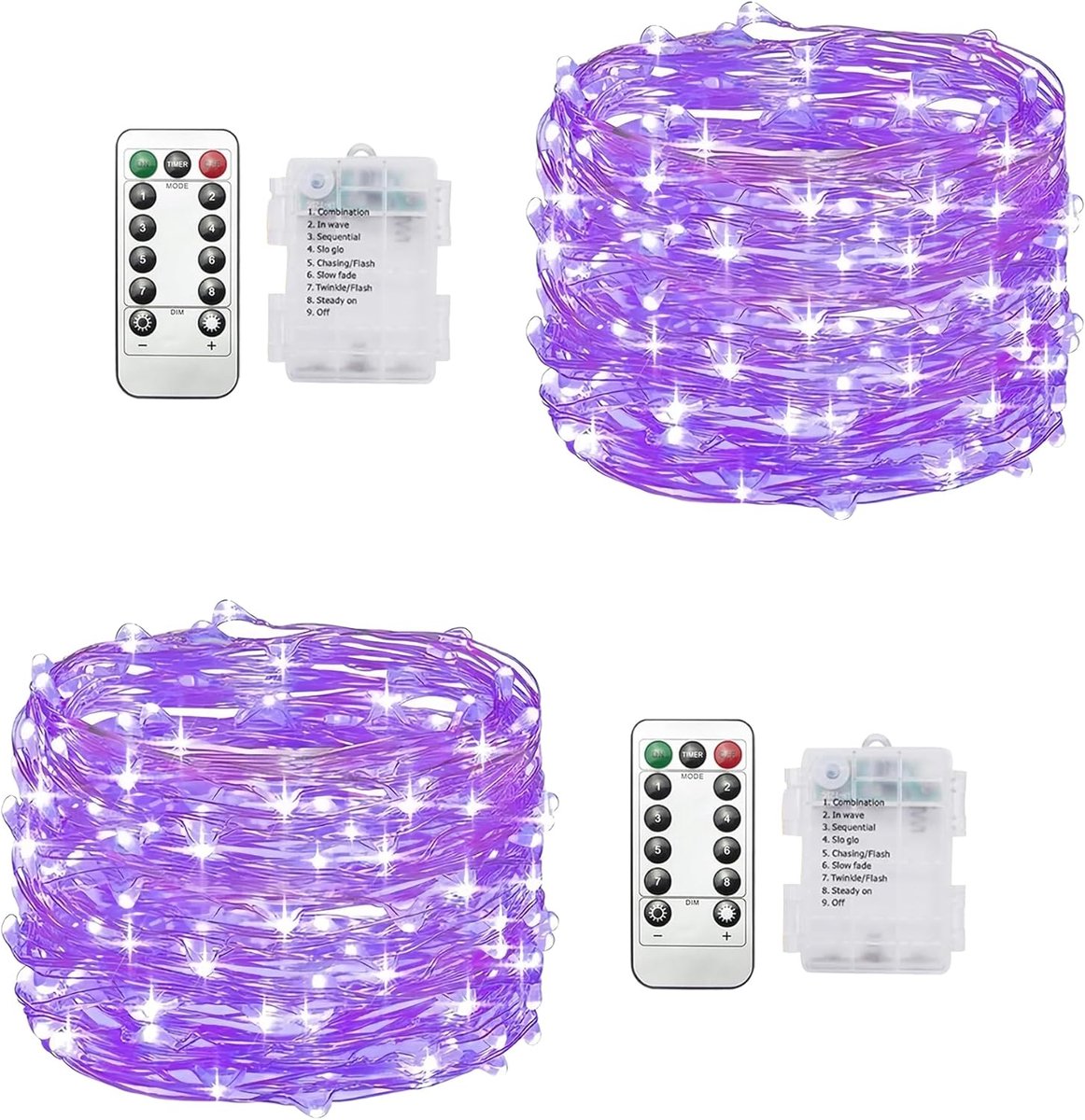 SnelShoppen - Clearhill Fee Lichten 2Pack 10 Meter 100LED Lichtsnoer Batterij (Niet Inbegrepen) met Afstandsbediening, Paars, 8 Modi, Timing & Dimbaar