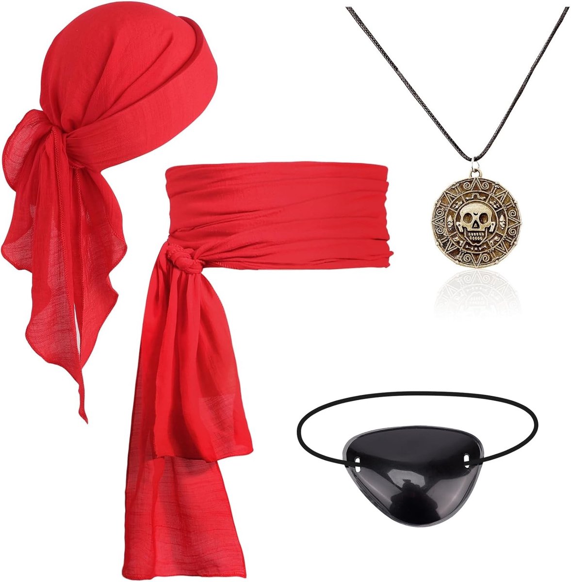 Piratenkostuum Accessoires voor Volwassenen met Hoofddoek, Ketting, Sjerp, Riem en Ooglap voor Halloween en Cosplay Feestjes