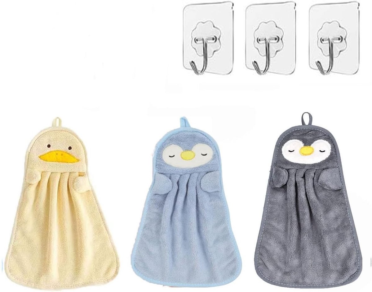 Set van 3 Kinderhanddoeken met 3 Haakjes - Microvezel, Sneldrogend en Absorberend voor Keuken en Badkamer