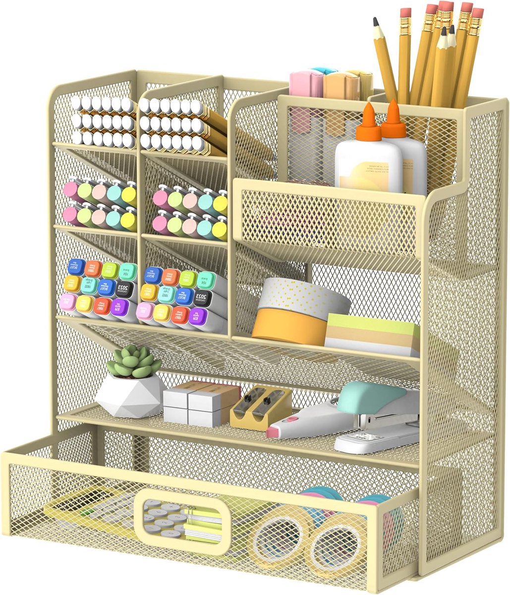 SnelShoppen - Bureauorganizer Met Lade, Metalen Mesh Pennenhouder Voor Bureau, 12-Sleuf Multifunctionele Organizer, Goudgeel, Perfect Voor Thuis, Kant