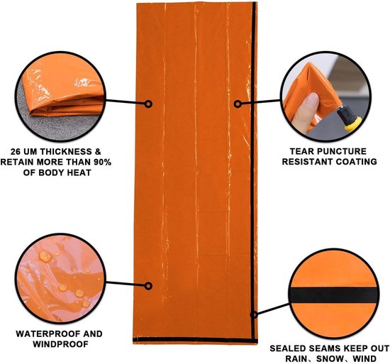 Nood slaapzak - Bivakzak reddingsdeken - Buiten overleven - Houdt lichaamswarmte vast - 91 x 213 cm - Oranje — afbeelding 3