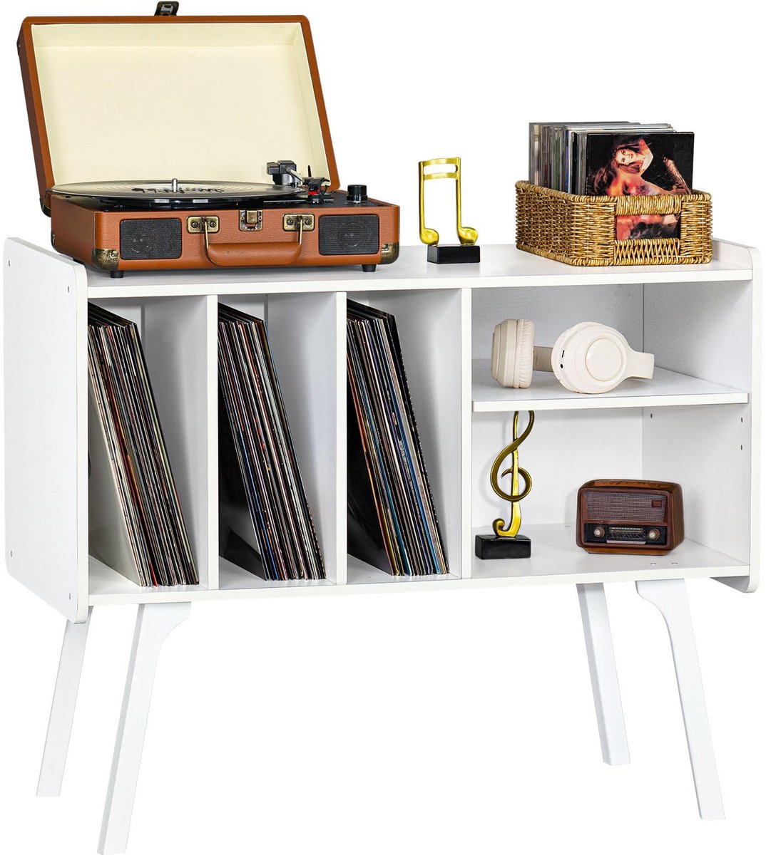 SnelShoppen - Grote Platenspeler Standaard met 4 Kasten voor 220 Albums - Massief Houten Poten - Middencentury Platenspeler Tafel - Witte Vinylhouder