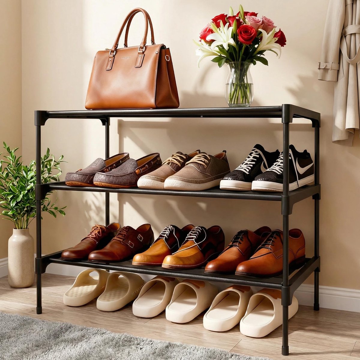SnelShoppen - Schoenenrek 3-laags Stapelbaar Metalen Schoenenrek voor 9 Paar Schoenen, Compact en Stijlvol Zwart voor Woonkamer, Hal, Slaapkamer (60 x