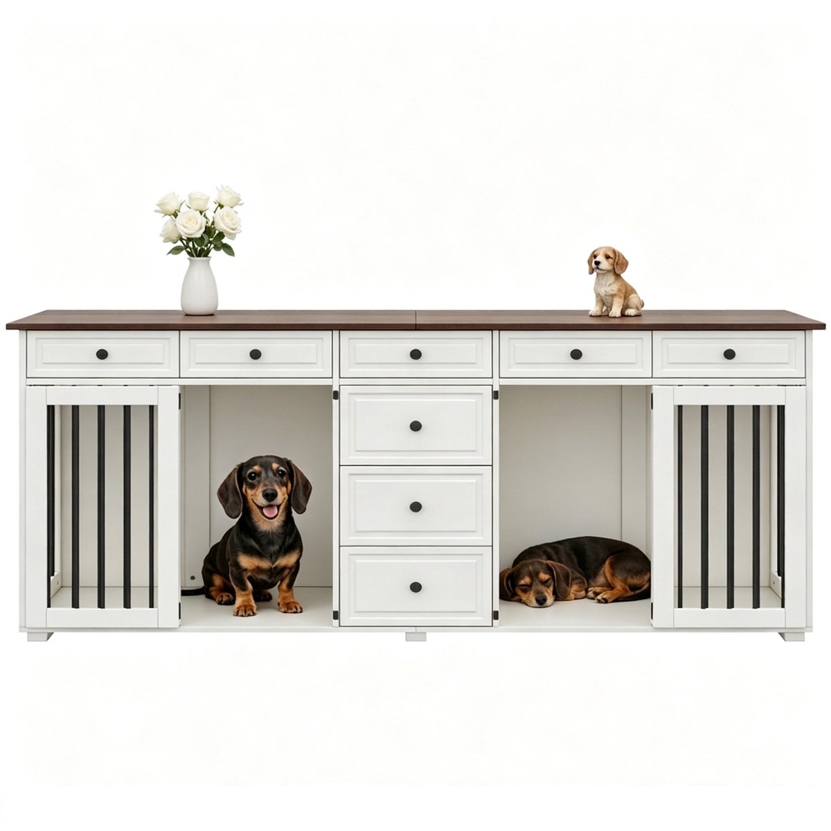 Hondenbench - Luxe Hondenkennel - Bench Hond - Bench Kast - 200x60x85 cm - Kamerkennel & Sidetable - Met veiligheidsslot - Met lades - Met Opbergruimte - Stevig en duurzaam - TV-meubel - Wit