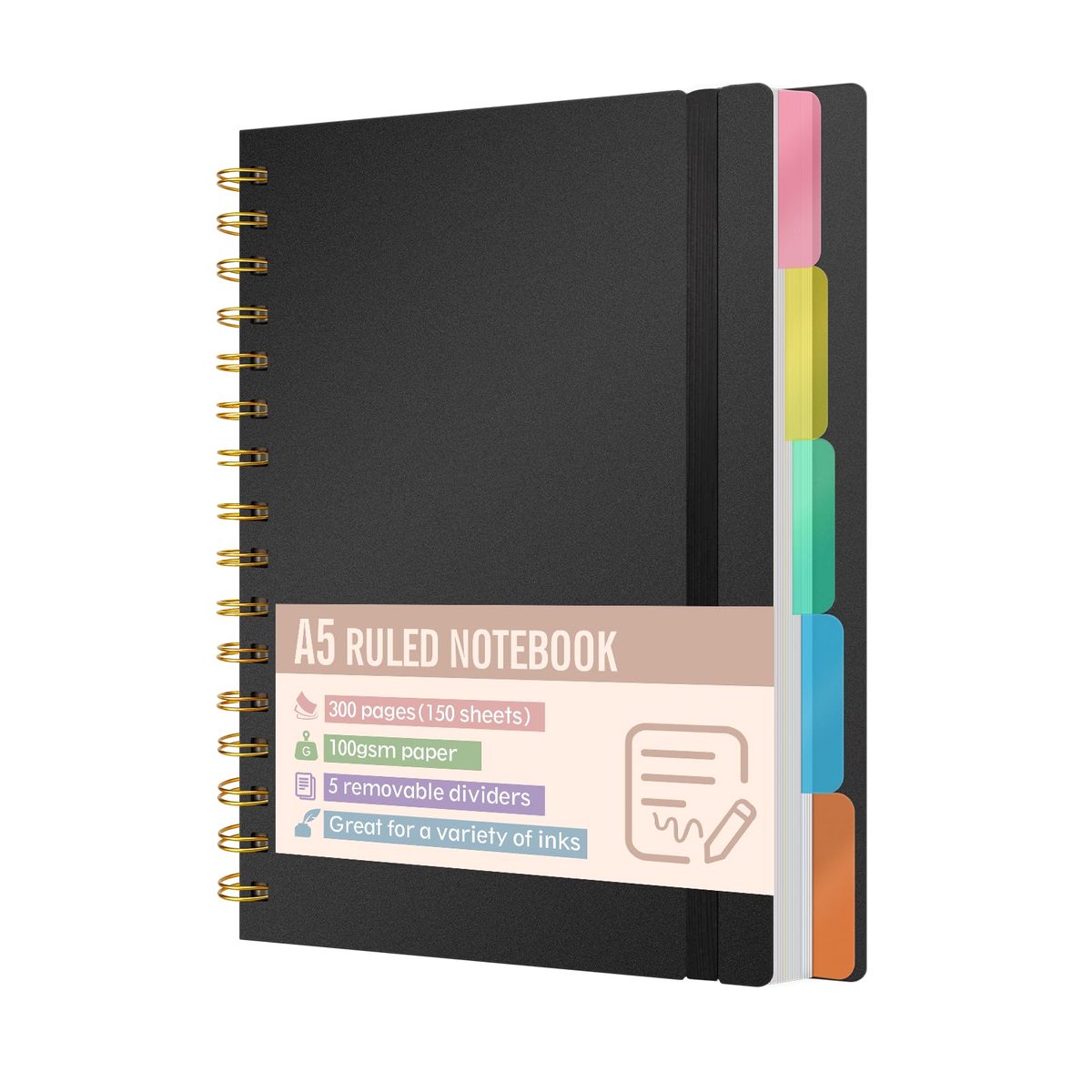 SnelShoppen - Notitieboek A5 Gelinieerd met 5 Uitneembare Scheidingsbladen, 300 Pagina's 100 g/m² Papier, Hardcover Spiraalbinding voor School, Kantoo