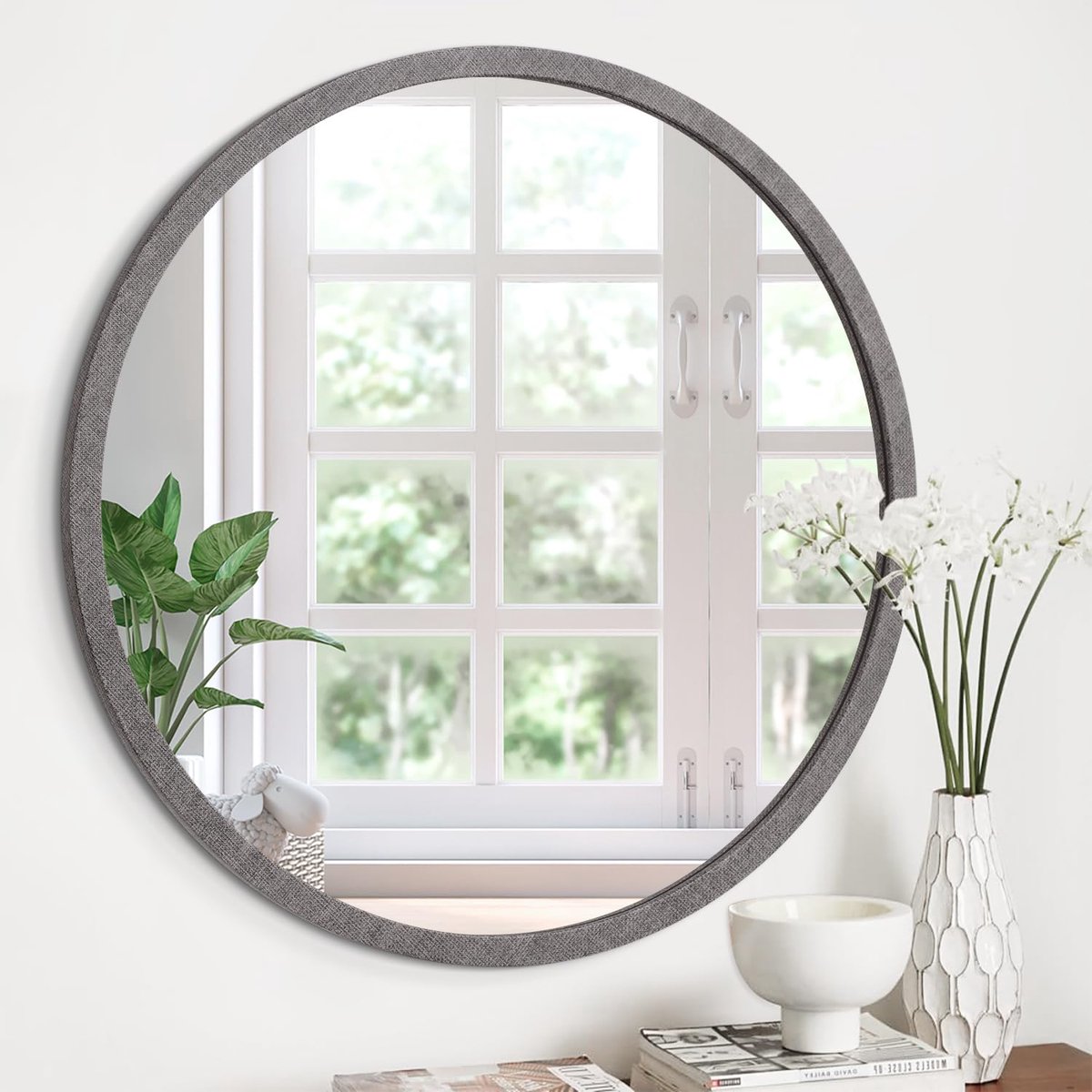 SnelShoppen - Wandgemonteerde cirkel spiegel geel rond 40 cm vintage houten frame voor badkamer woonkamer slaapkamer wasruimte, grijs