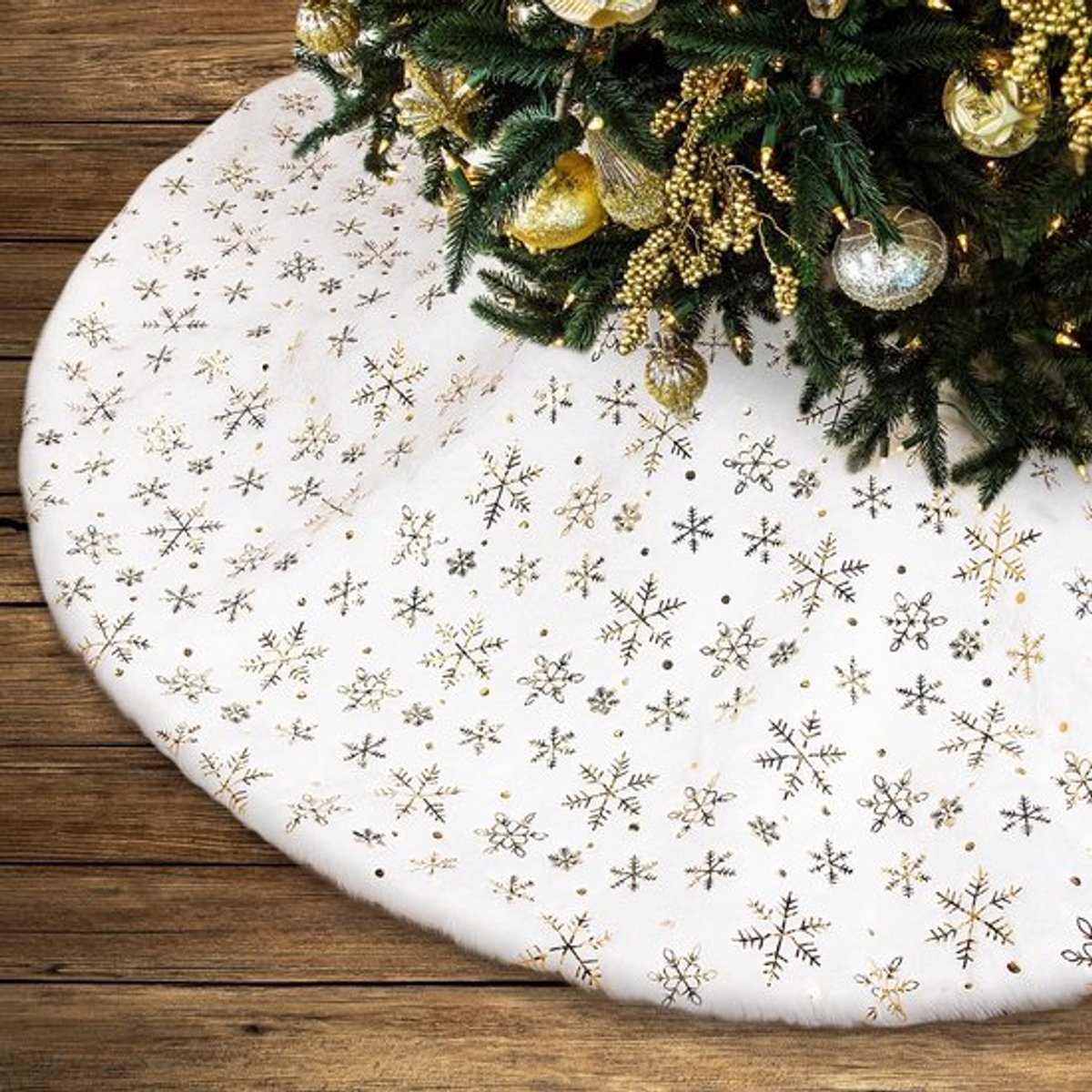 Kerstboomrok 60 cm - Gouden Sneeuwvlok - Winter Decoratie - Duurzaam - Klittenband - Zachte Pluche Stof - Kerstboommat