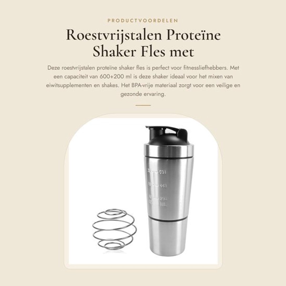 Proteïne Shaker Roestvrij Staal 600/200 ml - BPA-vrij - Dubbelwandig - 2-in-1 Ontwerp - Maatbeker - Bewaarbakje - Eiwitshaker