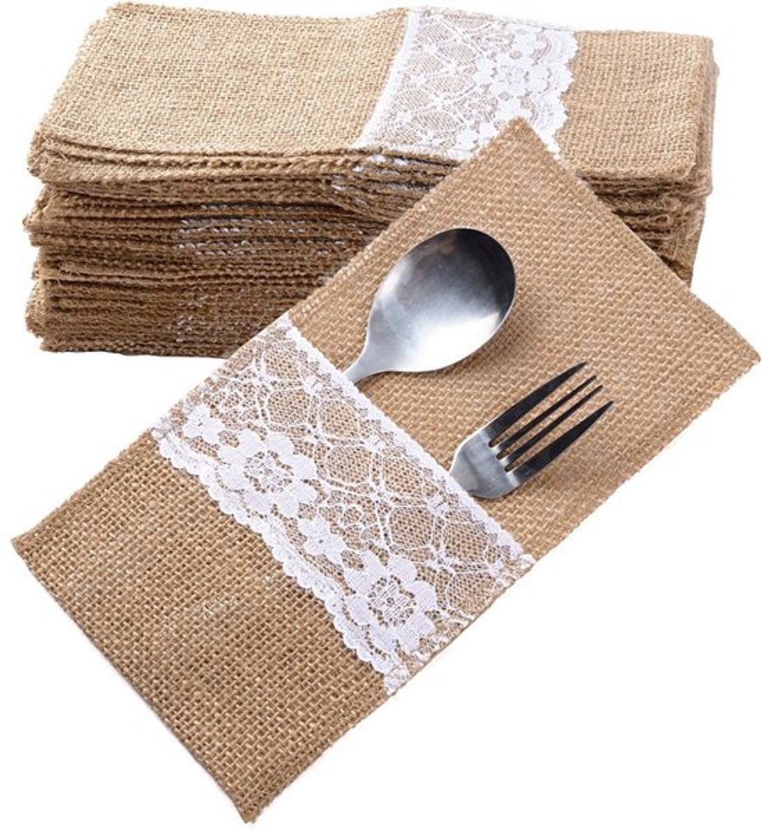 Jute Bestekzakken 40 Stuks - Bestekhouders - Vintage Decoratie - Tafeldecoratie - Shabby Chic - 11cm x 21cm