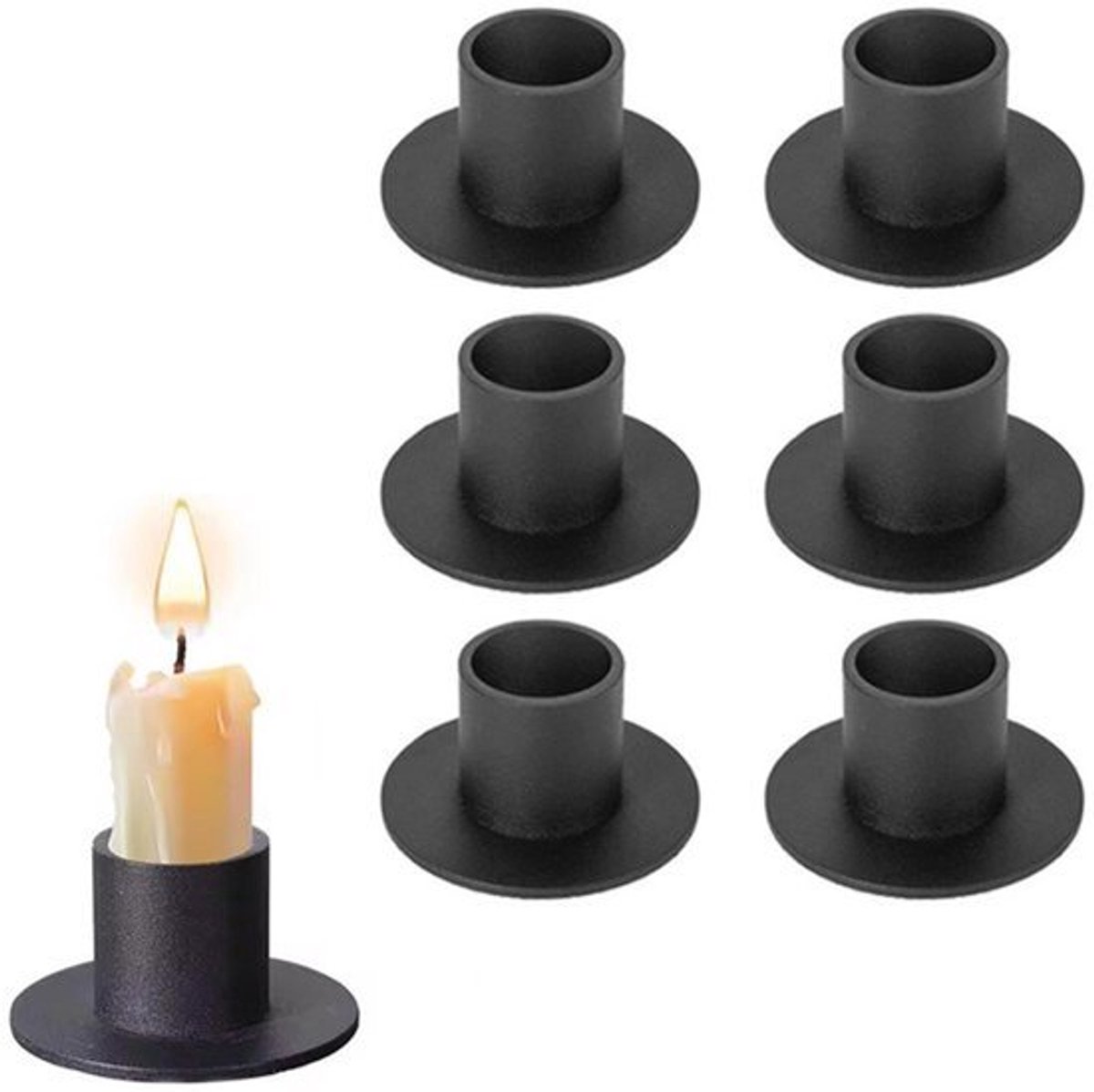 Set van 6 matzwarte kandelaars voor kegelvormige en LED-kaarsen, perfect voor bruiloften, diners, jubilea, housewarmingcadeaus of als geschenk voor vrouwen of mannen.