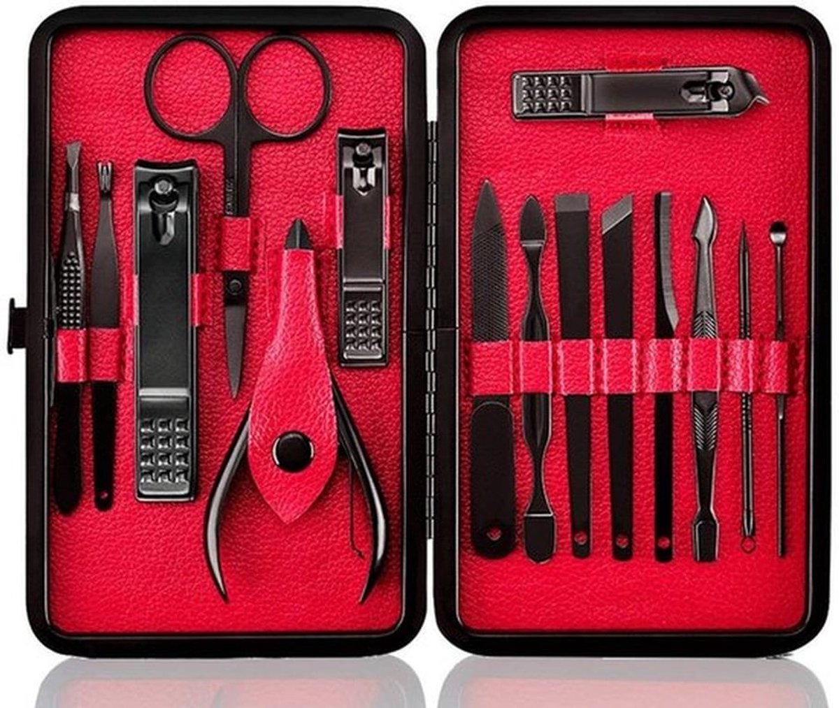 Manicureset Professioneel - Nagelverzorgingsset 15 Stuks - Roestvrijstalen Gereedschappen - Koffer voor Reizen - Zwart PU-leer