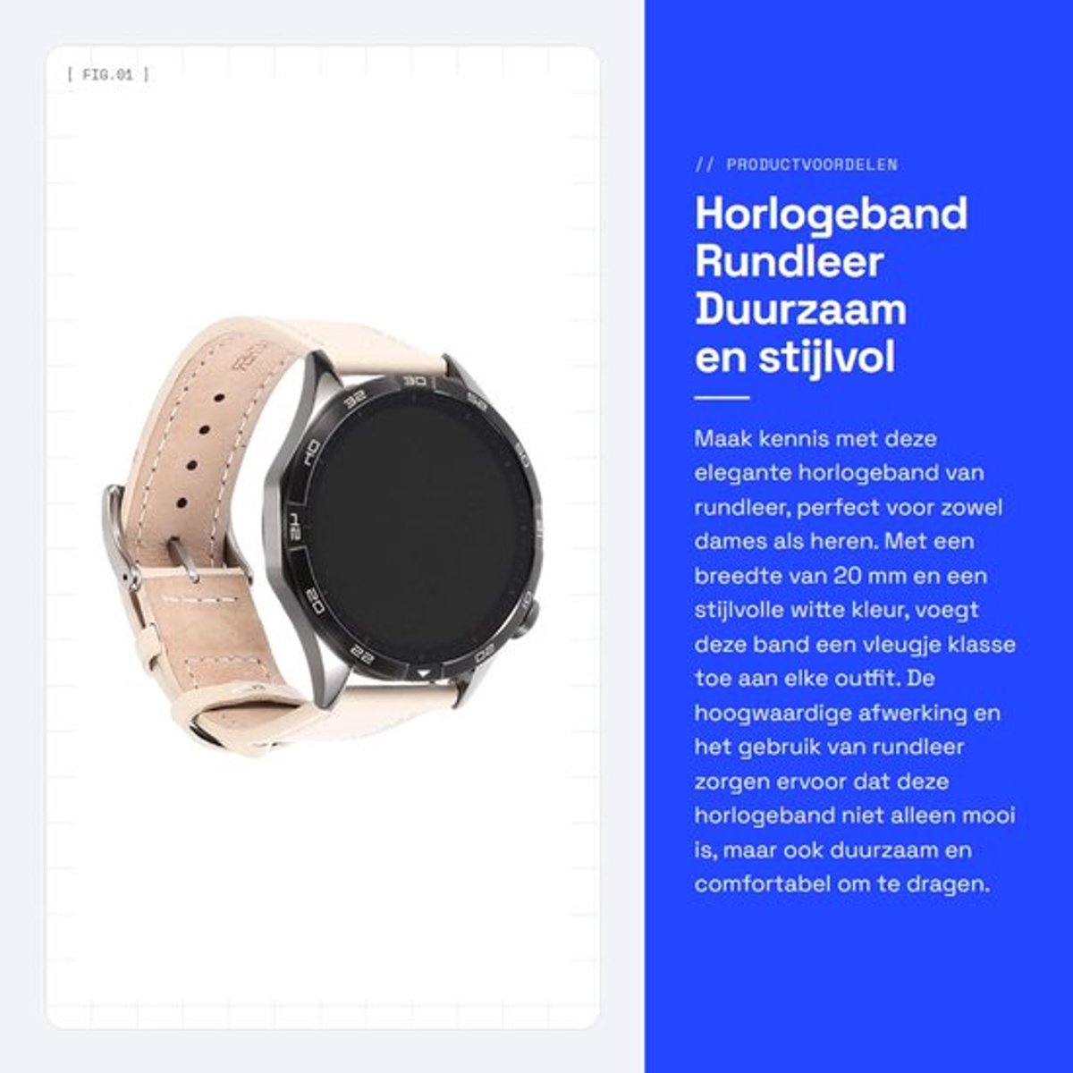 Horlogeband Rundleer 20mm - Horlogebandje Dames/Heren - Wit - Duurzaam - Verstelbaar - Stijlvol Design - Horlogeketting