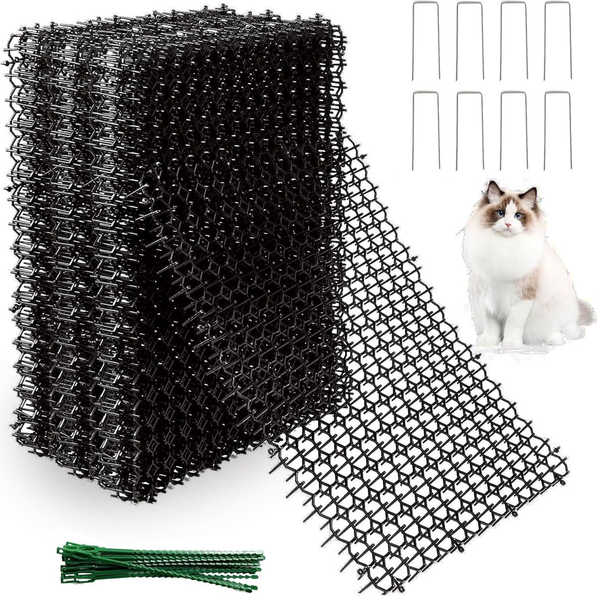 SnelShoppen - Set van 15 Zwarte Kattenbeschermingsmatten 43 x 22 cm met 8 U-vormige Haringen en 20 Slangklemmen voor Tuin en Balkon - Diervriendelijke