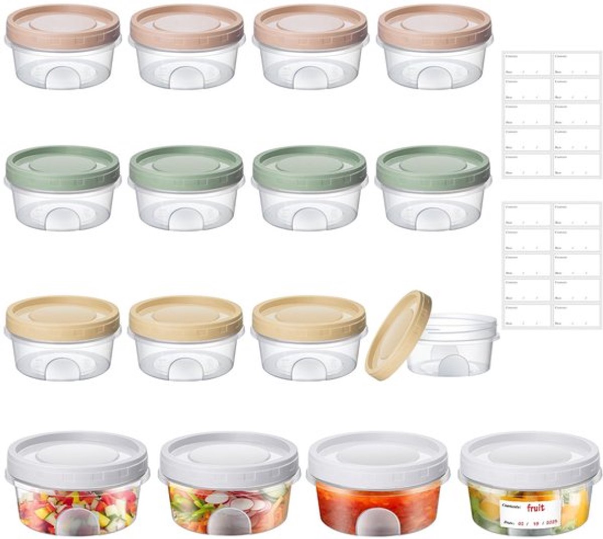Vershoudbakjes 16 Stuks - Ronde Diepvriesbakjes 300ml - Herbruikbaar - Lekvrije Deli Containers - Voedselveilig PP - Kleurrijke Deksels - Voedselcontainers