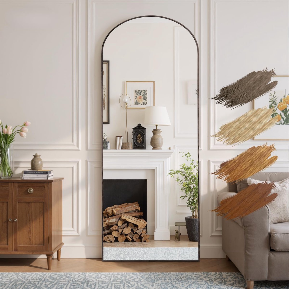 SnelShoppen - Gebogen Spiegel 180 x 76 cm in Volledige Lengte - Vrijstaand en Wandmontage - Aluminium Frame met Ebbenhouten Look voor Woonkamer en Sla