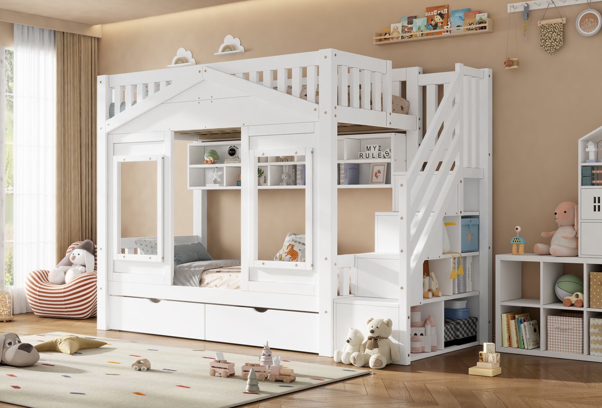 OKWISH Hoogslaper 90x200 cm – Kinderbed Met Trap En Opbergruimte – Met Uitvalbeveiliging En Lade – Huisbed Van Hout En MDF – Wit – Zonder Matras