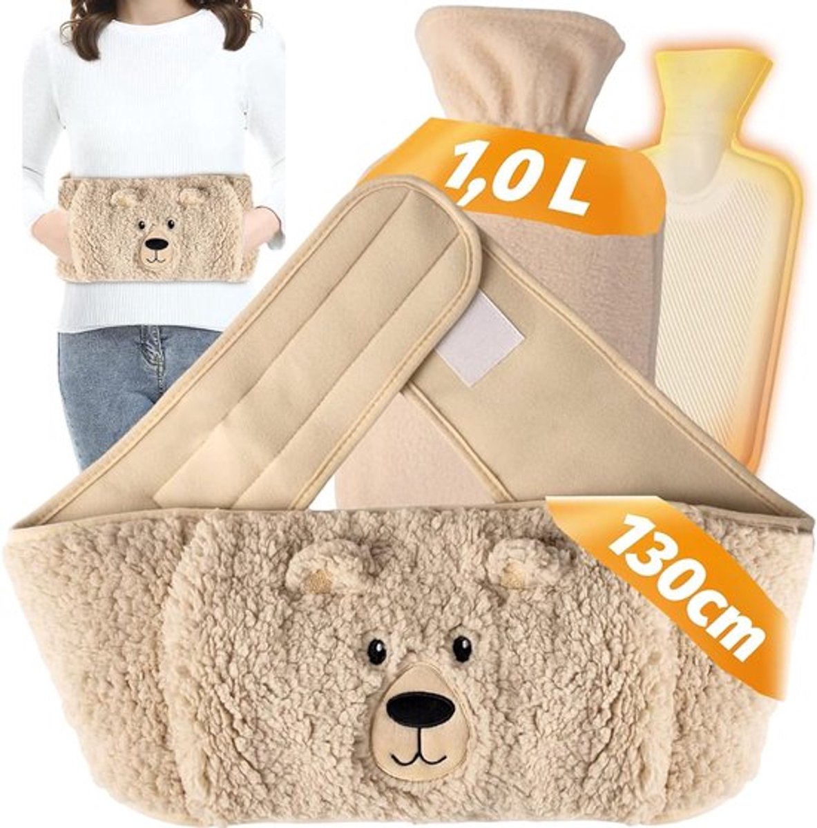 SnelShoppen - 3-in-1 Jug Belt 51" - 1L Natuurrubber Drinkfles met Lekvrije Sluiting en Afneembare Pluche Cover - Ideaal voor Menstruatie, Nek, Schoude