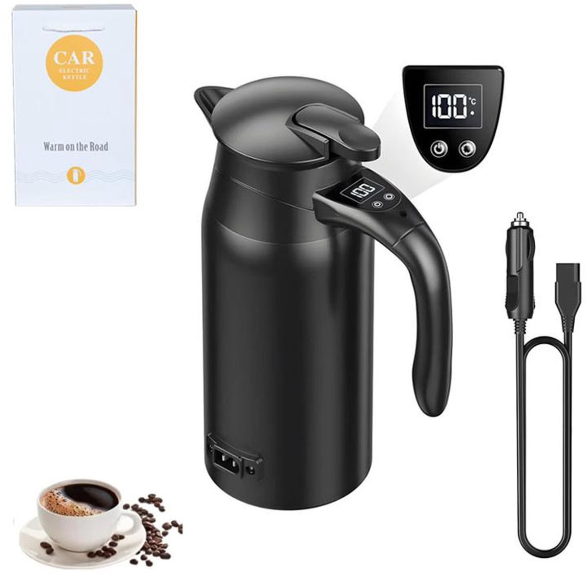 KZQ Elektrische waterkoker voor de auto – Draagbare, multifunctionele waterkoker – 12V/24V – 800 ml – Dubbelwandige isolatie – Digitaal display – Aansluitkabel voor de auto – Verbeterde versie