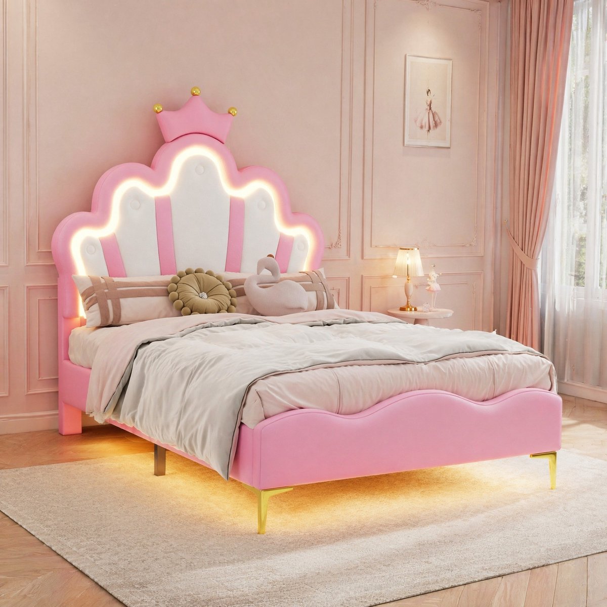 COVREO Bed 90x200 cm – roze kunstleer, LED-verlichting, verstelbare bedhoogte
