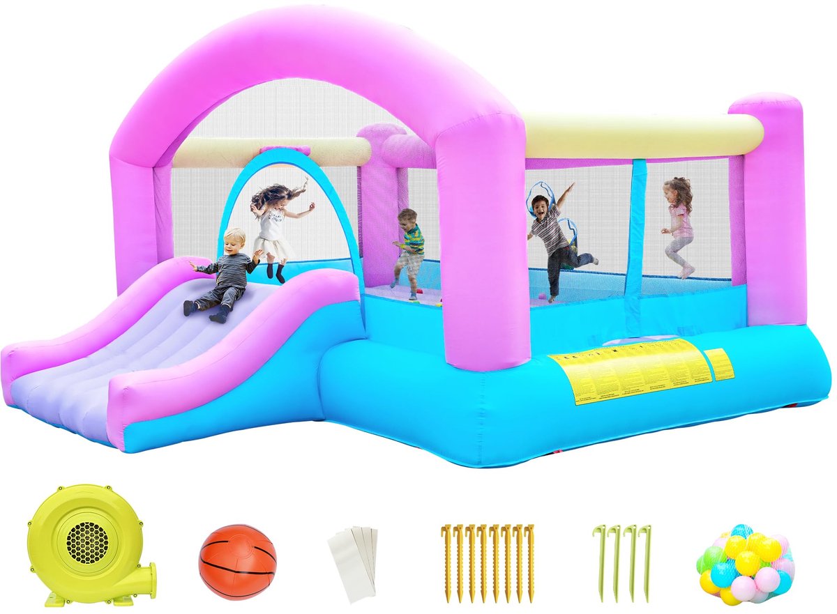 SnelShoppen - DIYJOTOFUN Springkasteel met Glijbaan en Klimwand - Groot 274x310x218 cm - Voor Kinderen 3-10 Jaar - Buiten en Binnen - Springmatras voo