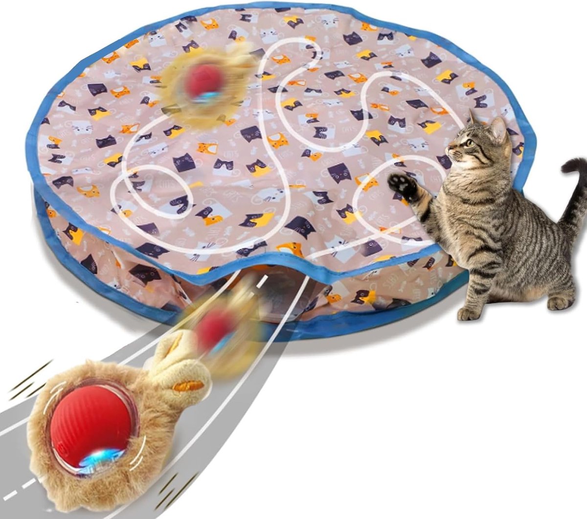 Kattenspeelgoed - Interactief kattenspeelgoed voor binnenkatten - Zelfrollende kattenbal in speelmat – Automatisch bewegend speeltje - Voor verstoppertje en achtervolgingsspel