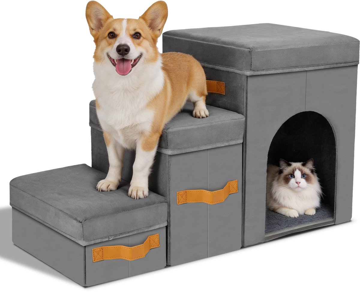 Nobleza Hondentrap - Hondentrapje met Opbergruimte - Honden opstapje met 3 treden - Zachte suède bekleding - Extra stevig en comfortabel - 36 x 77 x 44 cm - Grijs