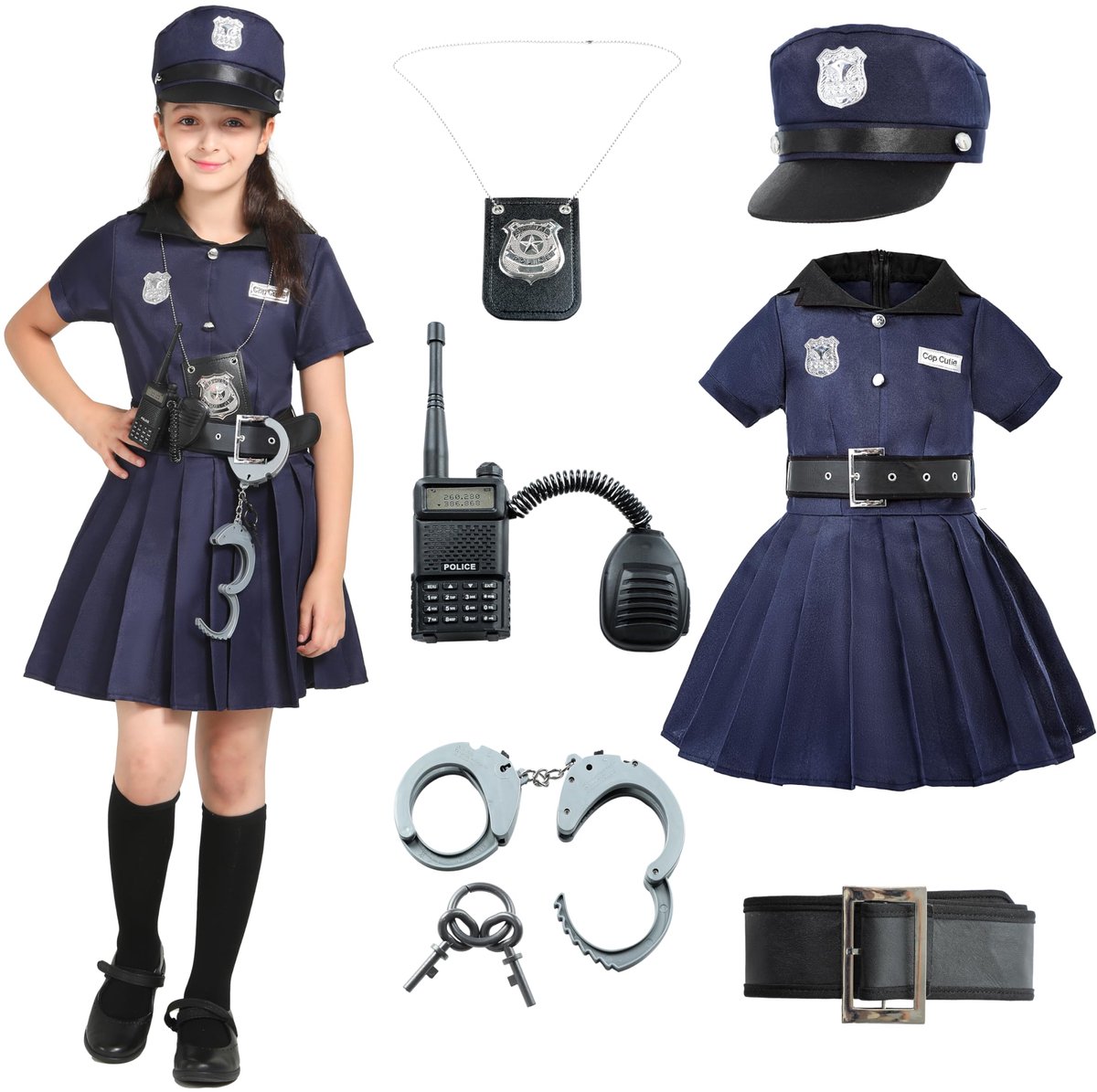 SnelShoppen - Wizland Kids politie kostuum meisjes 4-6 jaar, politie uniform outfit set voor Halloween, verkleedfeest, fancy dress, kinderen, blauw, p