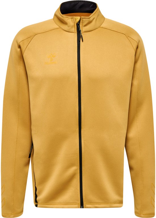 Gouden trainingsjack met zwarte rits en hummel logo.