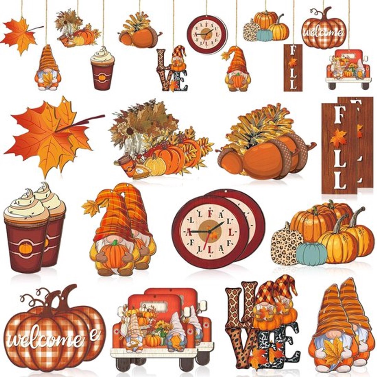 Decoratieve Hangers - Herfst Decoratie - 24 Stuks - Houten Hangers - Gnomen en Pompoenen - Geschikt voor Binnen en Buiten - Dankfeest