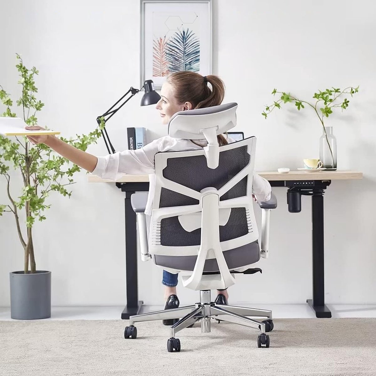 SnelShoppen - Ergonomische Bureaustoel met Hoge Rugleuning, Draaibare Taakstoel, 4D Armleuningen, Verstelbare Zitdiepte, Lendensteun en 2D Hoofdsteun