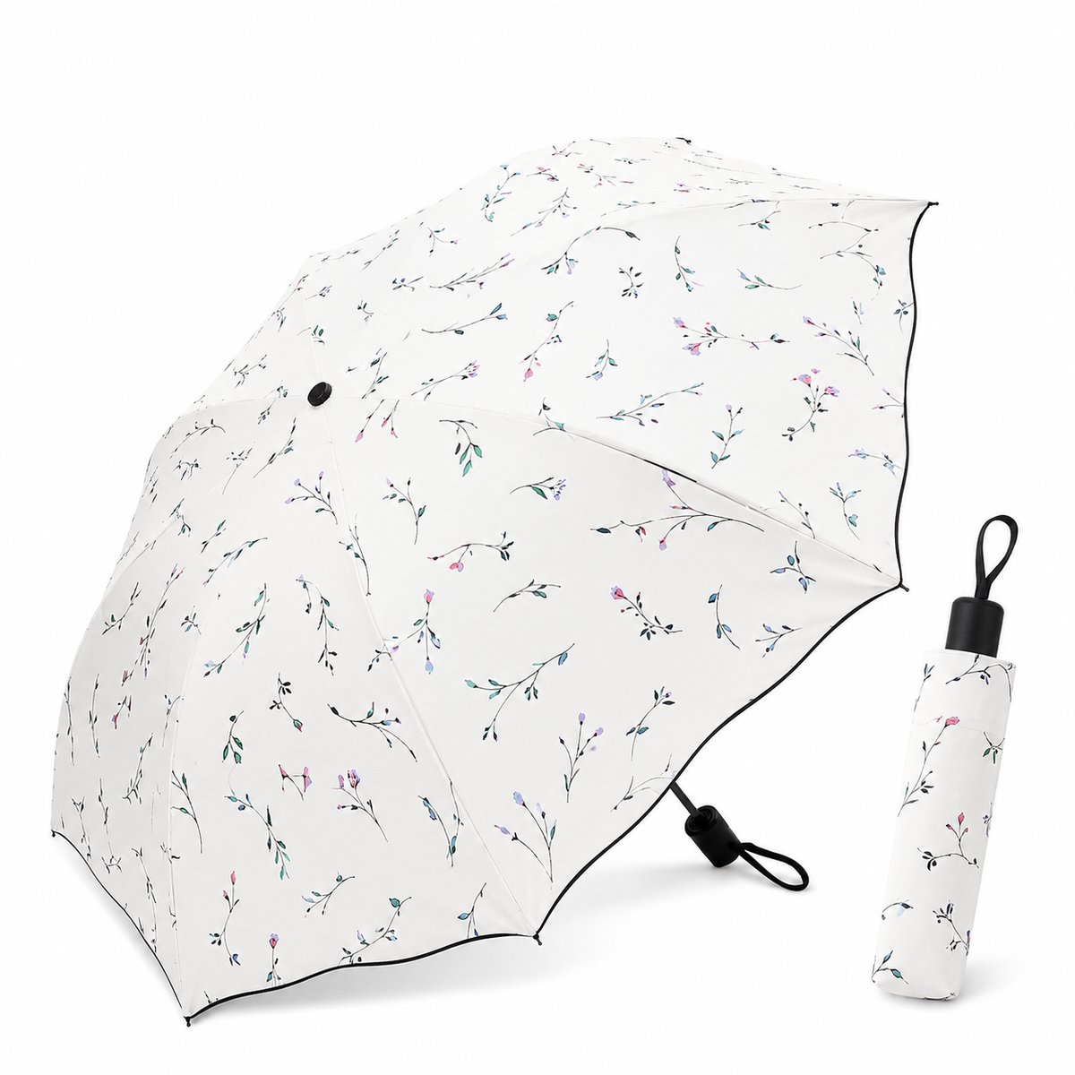 Opvouwbare Parasol met UV-bescherming 50+ - Lichtgewicht Zonnescherm met Elegant Bloemenpatroon - Compacte UV-Paraplu voor Dames - Gebroken wit