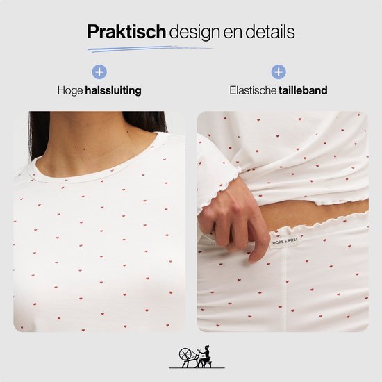 Close-up van een witte pyjamaset met rode hartjes. Detail van de halslijn en de tailleband.