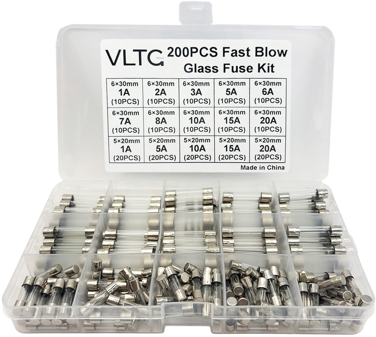 VLTG Glaszekering 6x30mm + 5x20mm - Buiszekering - Snel (F) - 1A t/m 20A - Zekeringset 200 stuks