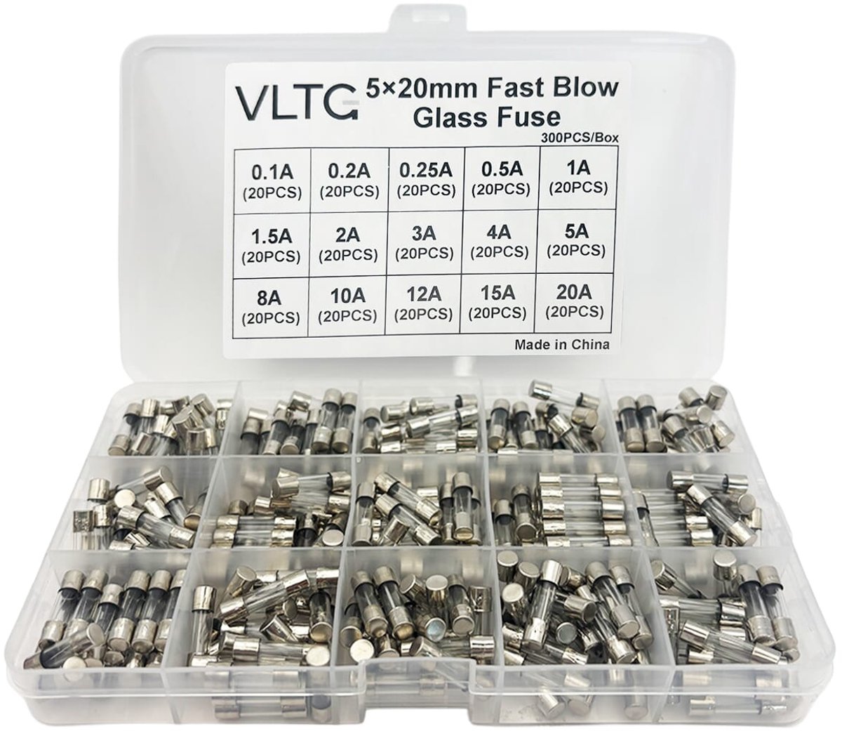 VLTG Glaszekering 5x20mm - Buiszekering - Snel (F) - 0.1A t/m 20A - Zekeringset 300 stuks