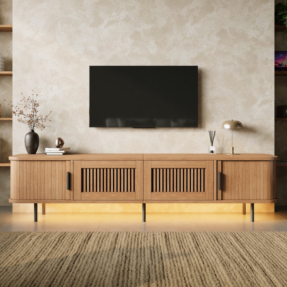 Wishdor Tv meubel - Afgeronde vorm - Schuifdeuren en lades - LED verlichting - Kabeldoorvoer - Naturel - 180 x 40 x 44,5 cm