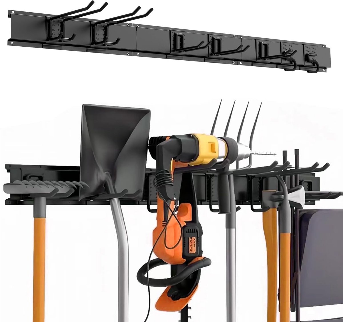 SnelShoppen - Garage Gereedschap Opslag Organizer Wandmontage - 112 cm Tuingereedschap Rack met Verstelbare Metalen Haken, 600LB Capaciteit voor Tuin,