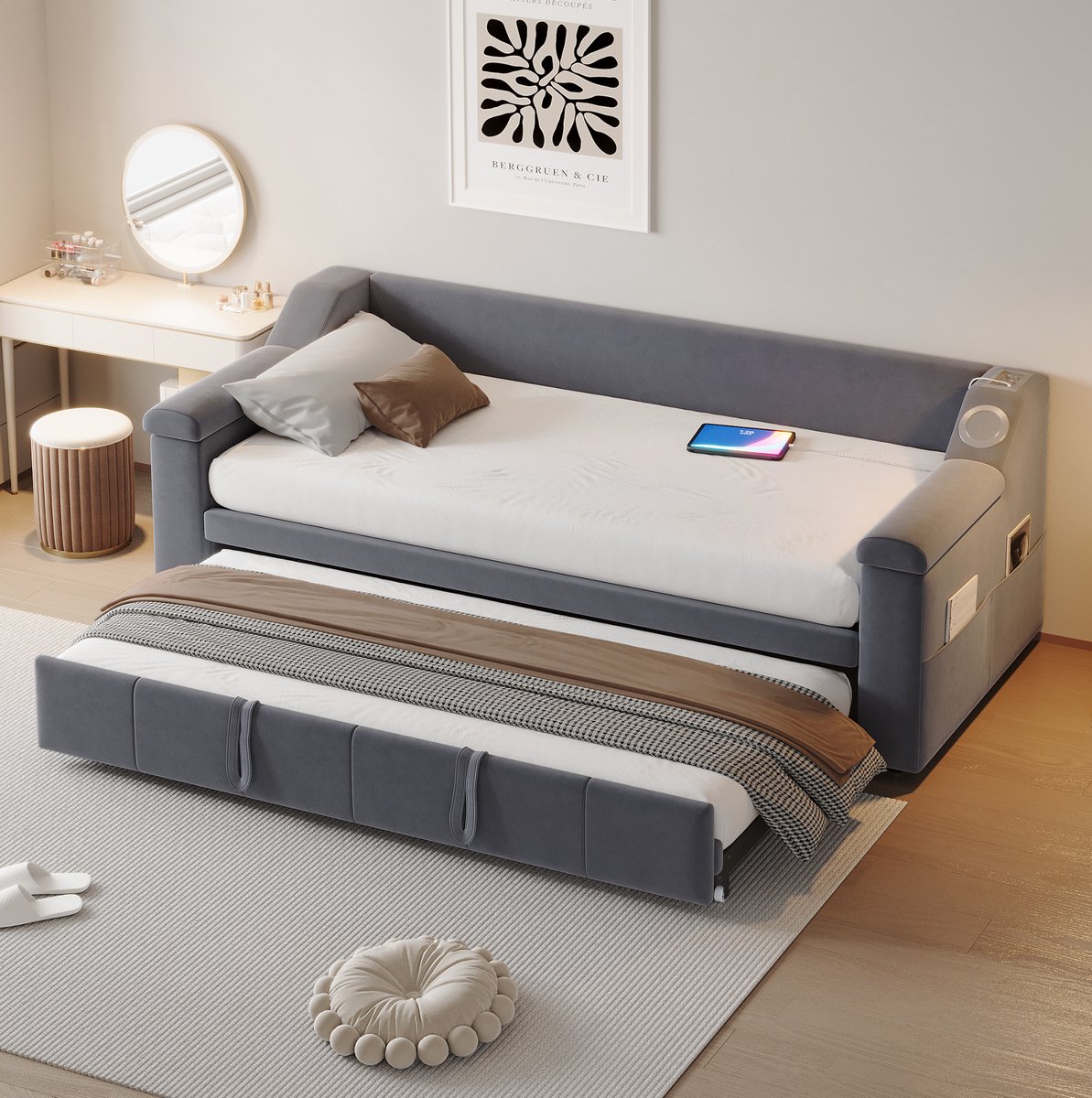 COVREO Slaapbank 90x190 cm grijs met USB en opbergvakken zonder matras